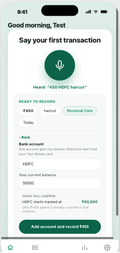 SayTrack parsing '450 HDFC haircut' into amount, category, and account automatically, ready to save