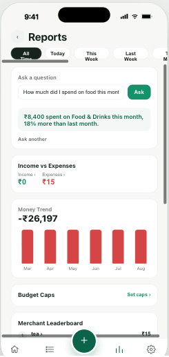 SayTrack reports screen answering a natural language spending question